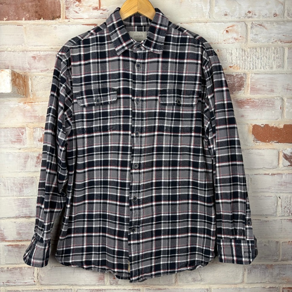 Jachs Mfg Co Vintage Heavy Flannel Shirt Men L Gray Black Red Plaid Grunge Core